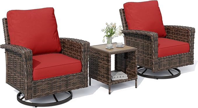 HERA'S HOUSE 3-Piece Outdoor Patio Furniture, High Back Swivel Chairs Set of 2 with Rattan Table, Brown Wicker Conversation Bistro Set with 5.5” Thick Cushion for Deck Porch Balcony Garden Lawn, Red