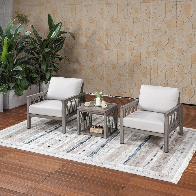 3-Piece Aluminum Patio Furniture Set, Deep Seating 2 Armchairs and Side Table, All Weather Patio Bistro Set with Cushions, Patio Conversation Set for Garden, Balcony, Deck, Limed Oak