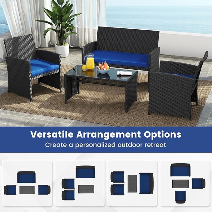 Tangkula 8 Piece Patio Wicker Furniture Set, Outdoor Heavy Duty Rattan Cushioned Chairs, Loveseat and Tempered Glass Coffee Table, for Backyard, Balcony, Poolside