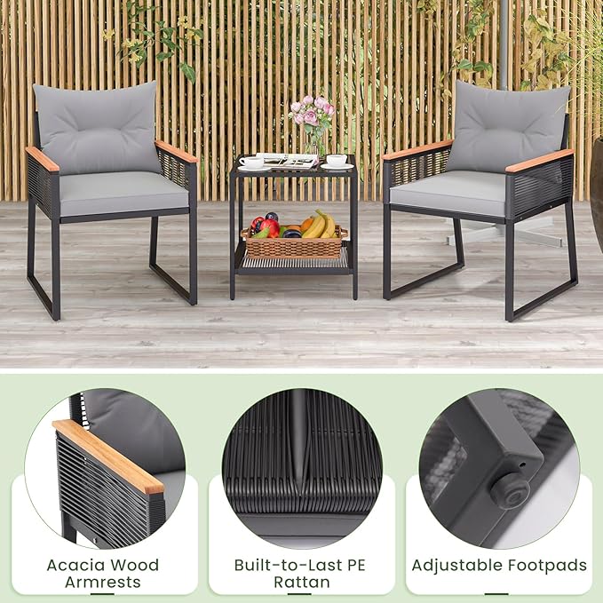 Tangkula 3 Piece Outdoor Conversation Set, Patio Rattan Cushioned Armchairs and Table, with Heavy Duty Metal Frame and Acacia Wood Armrests, for Front Porch, Poolside