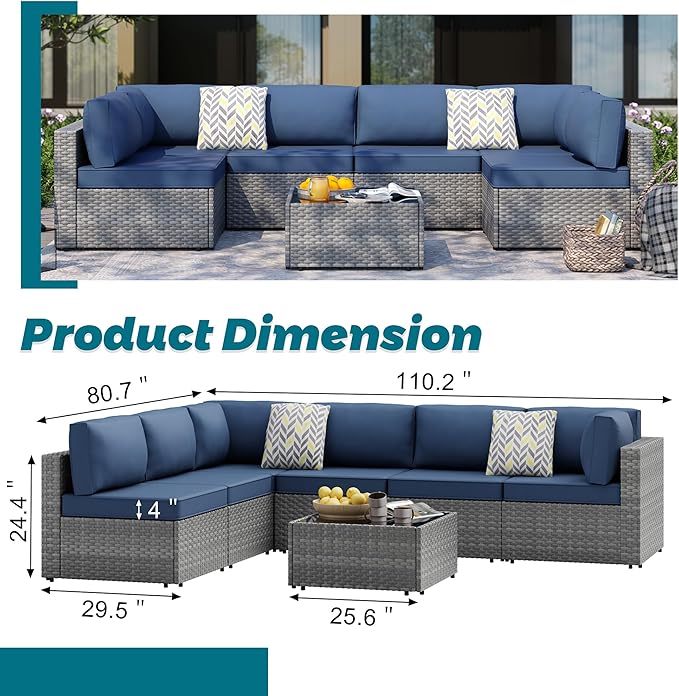 SUNLEI 7 PCS Rattan Patio Furniture Set with Glass Table & Washable Cushions, Conversation Patio Front Porch Furniture Set with Non-Slip and Thickened Cushion (Silver/Dark Blue)