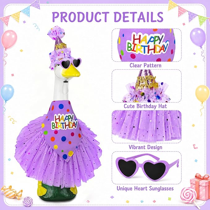 Porch Goose Birthday Outfit, Happy Birthday Goose Outfit Lawn Geese Clothes for 17/23" Cement Geese Statue for Patio (Purple)