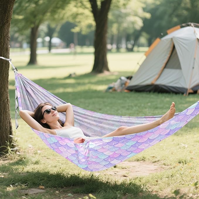 Camping Hammock Outdoor Hammocks for Outside Scale Rainbow Mermaid Beach Trees Portable Lightweight with Pockets Tree Straps Indoor
