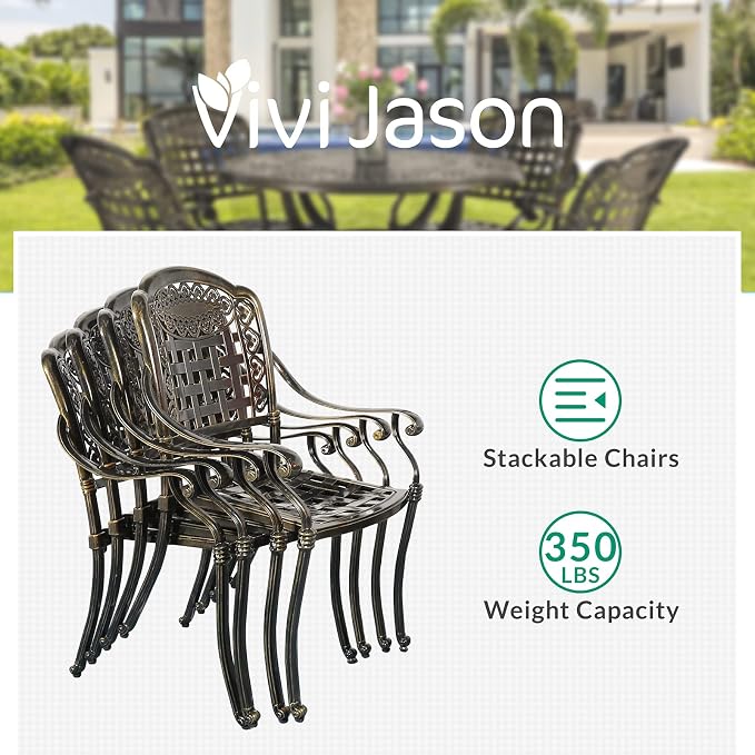 VIVIJASON 5-Piece Patio Furniture Dining Set, All-Weather Cast Aluminum Outdoor Conversation Set, Include 4 Cushioned Chairs and 1 Round Table w/Umbrella Hole for Balcony, Lawn, Garden, Backyard