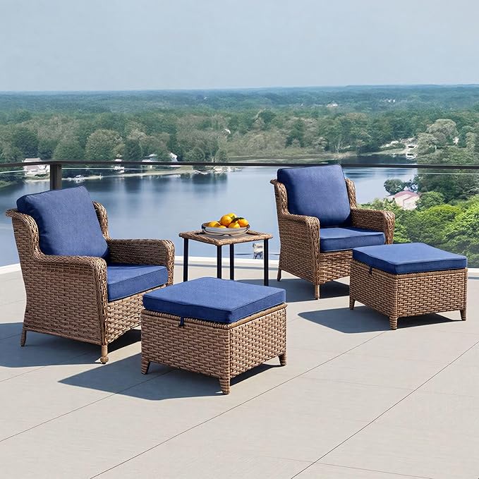 5 Piece Patio Furniture Set with Ottomans, PE Wicker Outdoor Chairs with Cushions & Tempered Glass Table, Space-Saving Balcony Furniture Set for Porch, Garden, Backyard, Blue