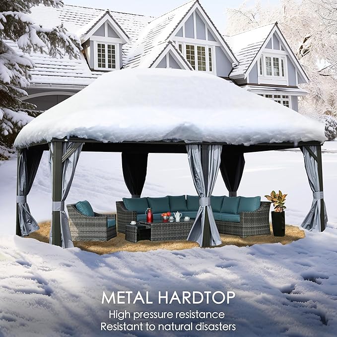 Kozyard Alexander 12' x 20' Hardtop Gazebo, Aluminum Frame with Galvanized Steel Double Roof, Outdoor Permanent Pavilion with Curtains and Netting for Patio, Backyard, Deck, Lawn(Gray)
