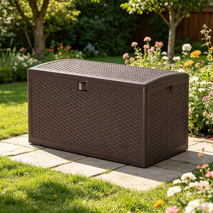 99 gal Blow-Molded Outdoor Storage Box, Waterproof UV Resistant Lockable Deck Box, Patio Garden Storage Bench Cabinet, Outdoor Toy Tool Organizer Bin with Lid for Pool Accessories Outdoor Furniture