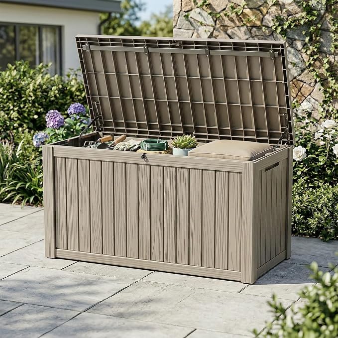190 Gallon Large Outdoor Storage Box Waterproof, UV Resistant Resin Deck Box with Hydraulic Rod & Lockable Latch for Patio Furniture, Outside Storage Box for Garden Tools, Patio Cushions, Gray