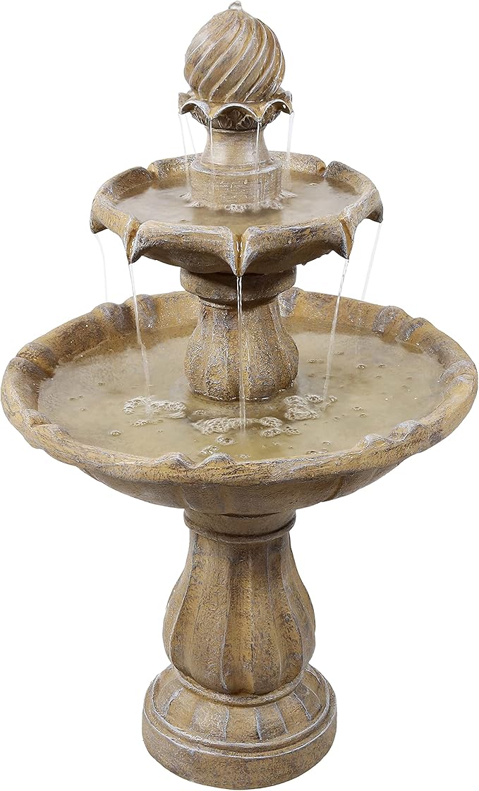 Sunnydaze 35" Solar 2-Tier Outdoor Water Fountain - Garden Water Feature with Battery Backup and Pump - Earth