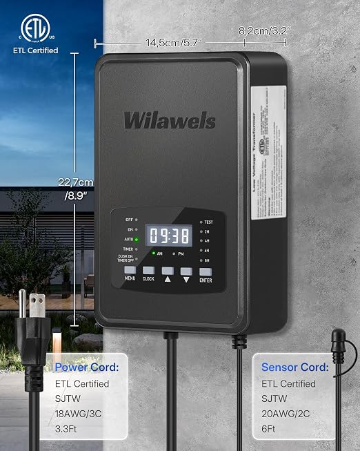600W Low Voltage Landscape Transformer, Weatherproof Outdoor Low Voltage Transformer, 120V AC to 12/14V AC, Landscape Lighting Transformer with Timer and Photocell Sensor, ETL Listed D15LT06