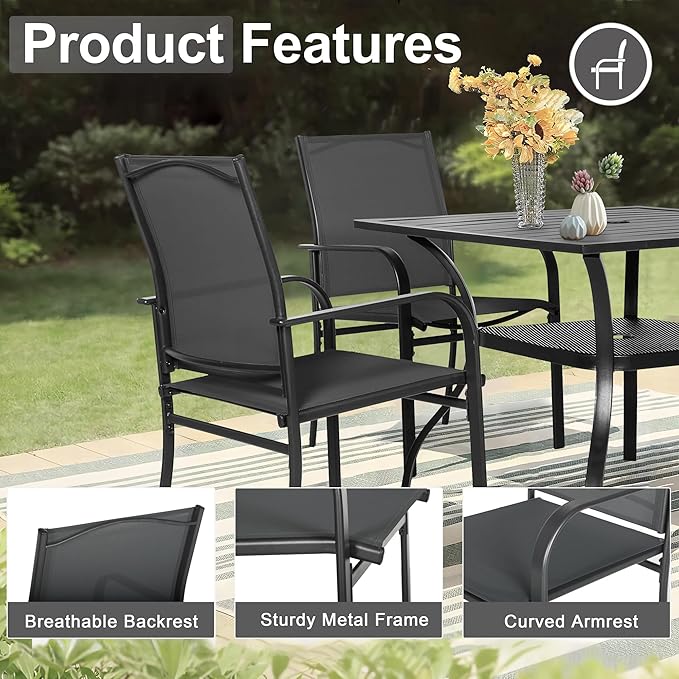 Crownland 5 Piece Patio Dining Set, Textilene Dining Sets, 4 Textilene Metal Chairs and Square Outdoor Dining Table with Dark Blue 9FT Round Outdoor Umbrella (Black)