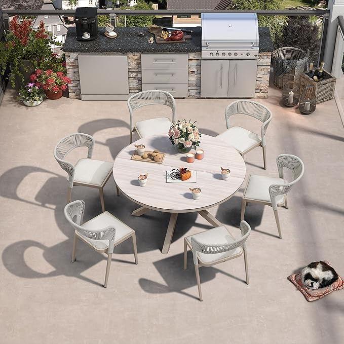 PURPLE LEAF 7 Pieces Outdoor Round Dining Set Aluminum Rattan Wicker Patio Table and 6 Chairs for Lawn Garden Porch Champagne