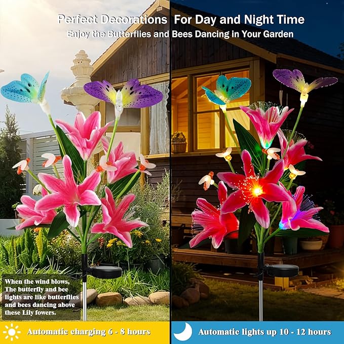 Solar Flower Lights Outdoor Garden Gifts Mother Day Decor,2Pack Color Changing Lilies Flowers with Flying Butterfly and Bee,Lily Flower Solar Lights Outside for Path Yard Patio Lawn Grave Spring Decor