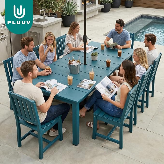 PLUUV Outdoor Dining Set for 8 Person, HDPE Large Table with Aluminum Legs and 8 Armless Chairs, All-Weather Patio Dining Furniture Set with Umbrella Hole for Backyard, Garden, Navy Blue