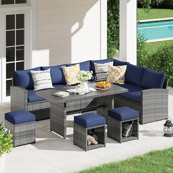JOIVI 7 Piece Outdoor Patio Furniture Set, Patio Conversation Set with Aluminum Top Dining Table, Rattan Dining Sectional Sofa Set with Ottomans for Deck, Backyard, Navy Blue