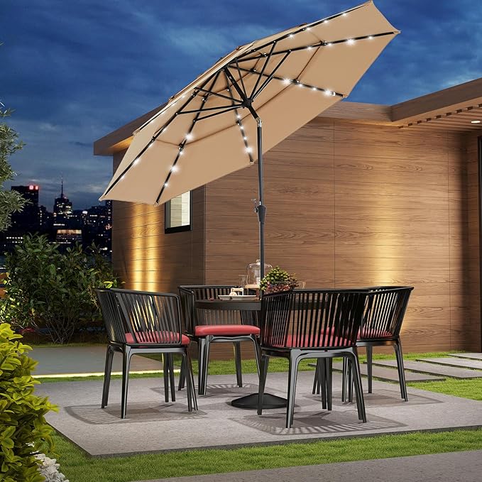 DUMOS LED Outdoor Patio Umbrella 10 FT UV-Resistant Market Umbrella with Tilt Adjustment & Crank Lift, All-Weather Shade for Backyard, Deck, Garden, Beach