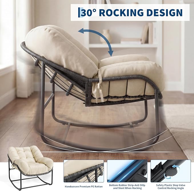 GarveeLife Outdoor Lounge Rocking Chair, Iron Frame Patio Rocker Chair with Cushion, Beige Relaxing Chair for Patio, Garden, Balcony