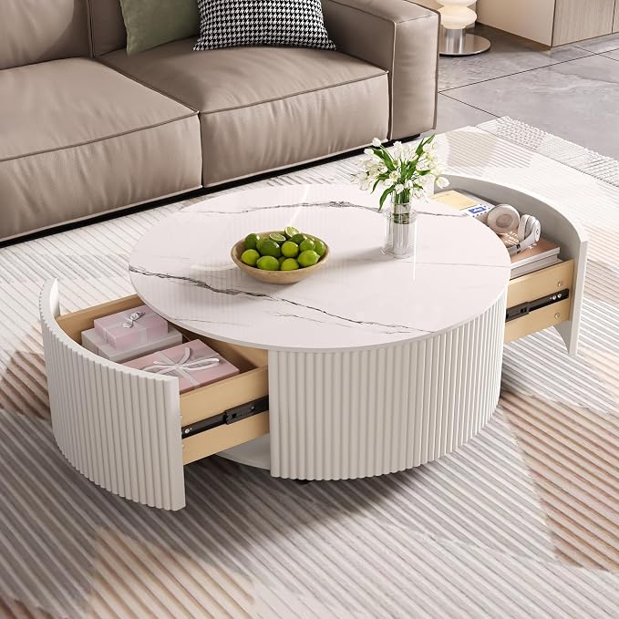 29.5'' Round Marble Coffee Table for Living Room Storage Coffee Table with 2 Drawers Modern Circle Center Tables Sintered Stone Accent Tea Tables for Apartment White
