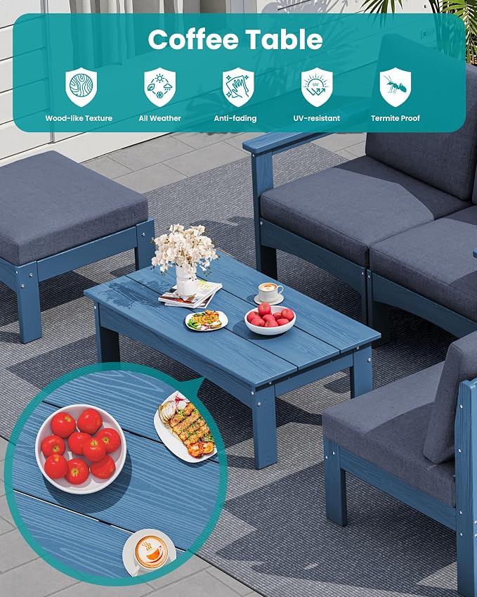 SERWALL 9 Pieces Patio Conversation Set, All-Weather HDPE Outdoor Sectional Sofas with Removable Cushions and Coffee Table, Extra-Large Modular Furniture Set for Backyard, Blue Frame with Grey Cushion