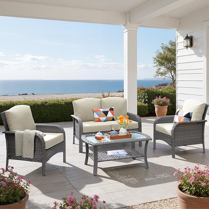 4 PCS Outdoor Patio Furniture Set with Glass Table, All-Weather Rattan Wicker Outdoor Conversation Set with Thickened Cushions for Balcony Backyard Garden Lawn,Beige