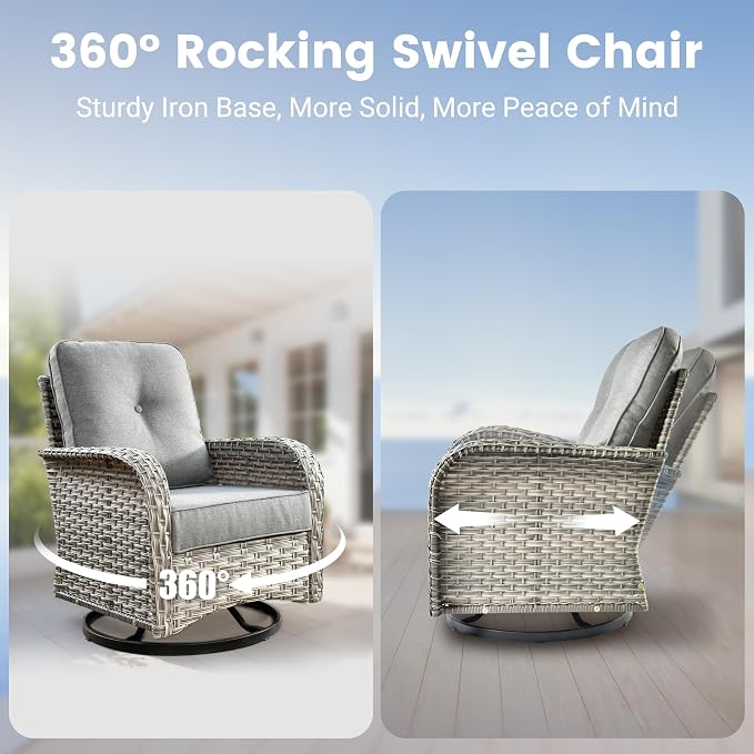 Swivel Patio Chairs Set of 2, Outdoor Wicker Rocker Glider Chair with Coffee Table, Modern Comfy Patio Furniture Sets for Porch Balcony Sunroom, Dark Gray
