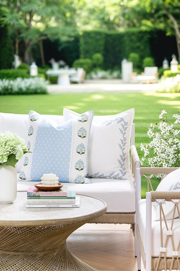 Hofdeco Premium Grandmillennial Coastal Hampton Patio Indoor Outdoor Throw Pillow Cover Only, 20"x20" Water Repellent for Backyard, Couch, Poolside, Blue Green Print Block Striped Lily of the Valley