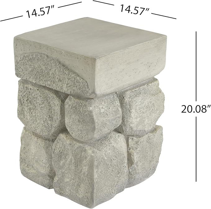 Square Outdoor Concrete Side Table,Patio End Table, Faux Stacked Stone Accent Table with Wave for Indoor Outdoor, Garden Stool Coffee Table for Patio, Garden, Backyard - 14.57" Grey MgO