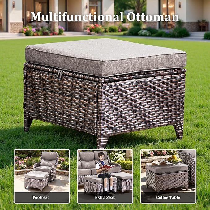 3 Pieces Patio Furniture Sofa Set with 6" Thick Cushions, High Back Wicker Sectional Outdoor Sofa with Ottoman, Outdoor Conversation Set for Balcony Deck Porch Backyard, Brown/Grey
