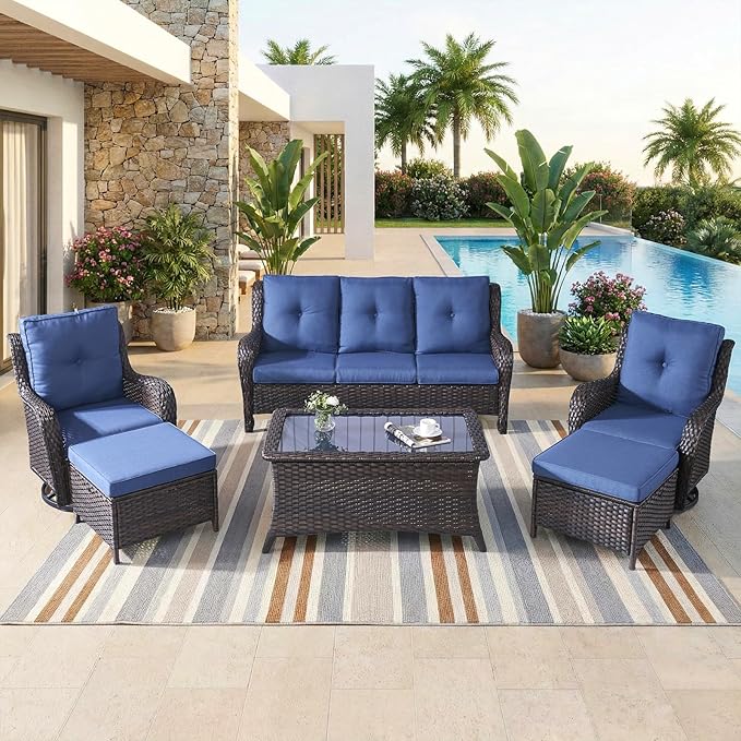6 Piece High Back Patio Furniture Set - All Weather Patio Conversation Set with 4 Inch Thick Cushions and Deep Seating Swivel Glider Chairs & Outdoor Couch for Porch Deck Yard Pool Brown Blue