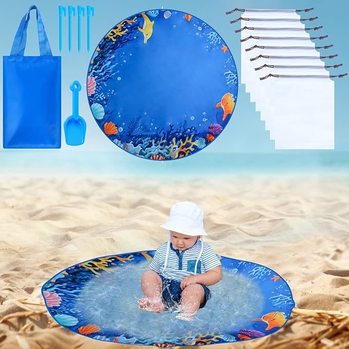 Pop up Baby Beach Pool, 58.8‬‬ inch Portable Kids Puddle Pool Toddler Sand Pit Paddling Pools Blue Childs Kiddie with Water Bag and Stake for Outdoor Beach Camping Traveling Vacation