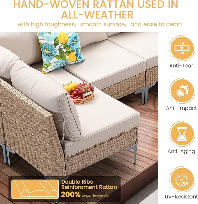 9 Piece Patio Furniture Set, Wicker Modular Outdoor Furniture with Thicker Cushions, Outdoor Couch Sofa for Garden, Poolside, Backyard, Beige