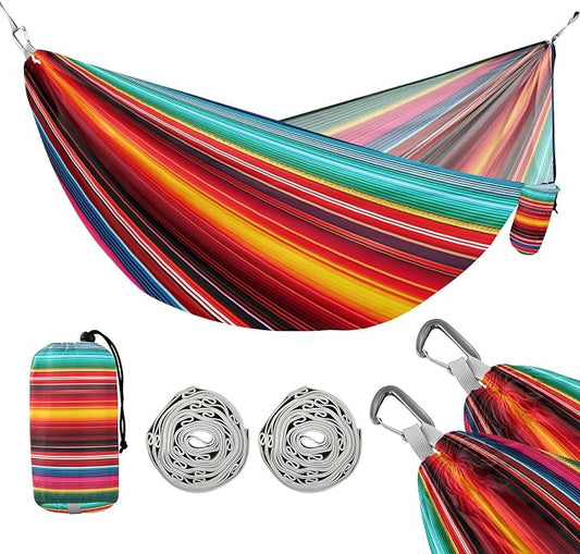 Mexican Serape Blanket Stripes Camping Hammock, Portable Lightweight Single Hammock with Tree Straps and Aluminum Carabiners, 114" x 54" Travel Hammock for Hiking Backpacking Beach