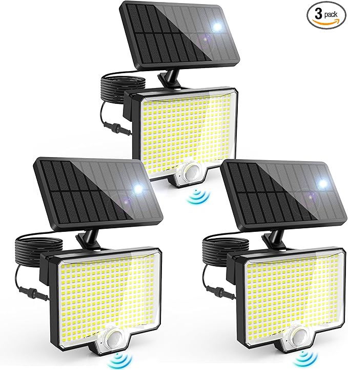 AUDERWIN 294 LED Solar Motion Sensor Outdoor Lights 7500K, 3900Lm Solar Flood Lights, IP67 Waterproof Outside Solar Powered Security Spot Lights for Porch Patio Yard Garage Fence, 3 Pack Black