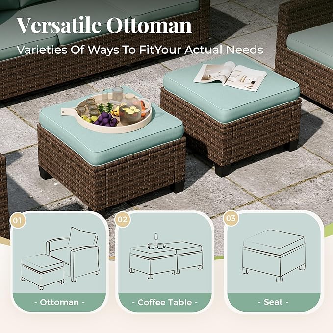 4 Pieces Swivel Wicker Patio Furniture Set, Rattan Outdoor Conversation Set with 2 Pieces Swivel Glider Chairs, 2 Pieces Ottomans, Blue
