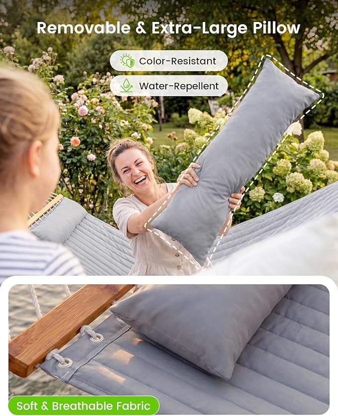Double Quilted Outdoor Hammock for 2 Adults, 500lb Capacity Backyard & Camping Hammock with Pillow and Bamboo Spreader Bar, Fits 11–15ft Hammock Stands (Stand Not Included),Dark Gray