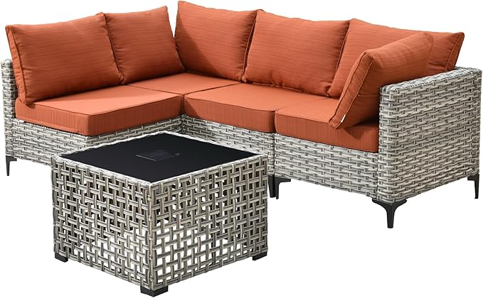 Outdoor Patio Furniture Sets,5 PCS Patio Conversation Set Outside Rattan Sectional Sofa with Coffee Table Fit Backyard Porch Garden Poolside Balcony