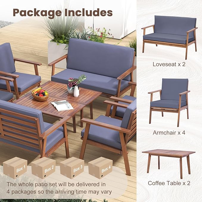 Tangkula 8 Piece Outdoor Conversation Set, Acacia Wood Sofa Set with Soft Seat & Back Cushions, Rectangle Coffee Table Patio Wood Furniture Set for Backyard, Poolside, Garden (2, Gray)