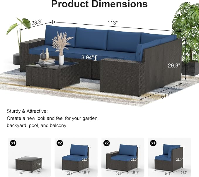 Patio Furniture Set with Fire Pit Table, 7PCS Outdoor Conversation Sets Waterproof Rattan Sectional Sofa with 4” Thickened Cushion Modular Wicker Patio Furniture Set with Glass Top Table (Blue)
