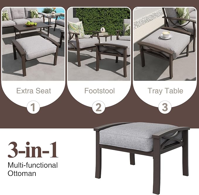 RoyalCraft Outdoor Patio Furniture Set, 7 Piece Patio Conversation Set with Coffee Table and Ottomans, Metal Furniture Set for Porch Backyard Garden, Grey