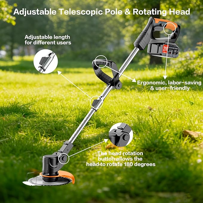 21V Cordless String Trimmer & Edger, 6" Cut, 2 Batteries, 3-Blade System (Plastic/Metal/Saw), Telescopic Pole, 180° Rotating Head – Lightweight Weed Wacker for Lawn, Garden & Yard