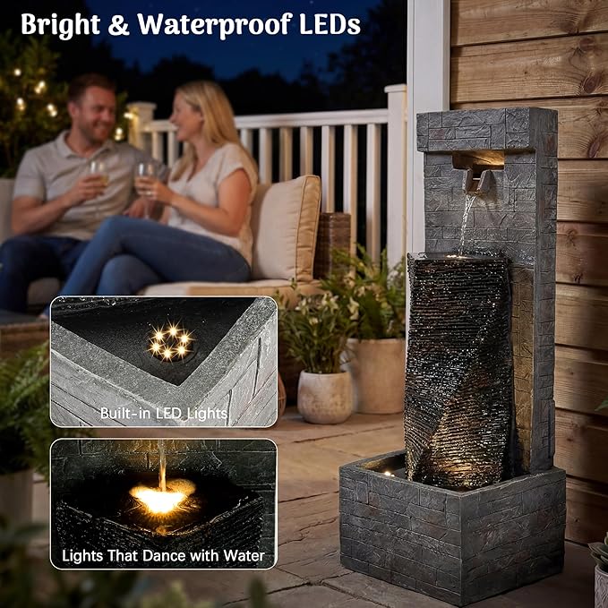 Redlife 39" Outdoor Waterfall Fountain, Modern Wall Water Feature with LED Lights, Resin Floor Standing Fountain with Adjustable Pump, Tall Patio Garden Backyard Decor