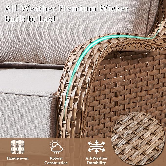 Luxury High Back Patio Furniture Set with 6-Inch Thick Cushions, 9-Pieces Outdoor Furniture with Swivel Chairs, Wicker Conversation Set for Porch, Balcony, Deck and Yard, Yellow/Beige