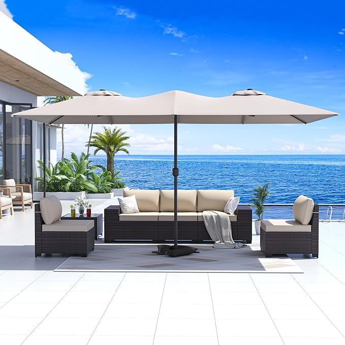 Kullavik 15FT Outdoor Patio Umbrella,Large Umbrella with 10 Heavy iron rib,sun umbrella with Crank Handle,Parasol for Poolside,Beach,Backyard,Khaki