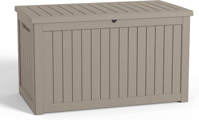 DRATO 280 Gallon Deck Boxes Outdoor Waterproof, Resin Large Lockable Storage Box with Lid, Outdoor Storage Bench Patio Cushions Furniture, Garden Tools, Pool Accessories (Grey, 280 Gallon)