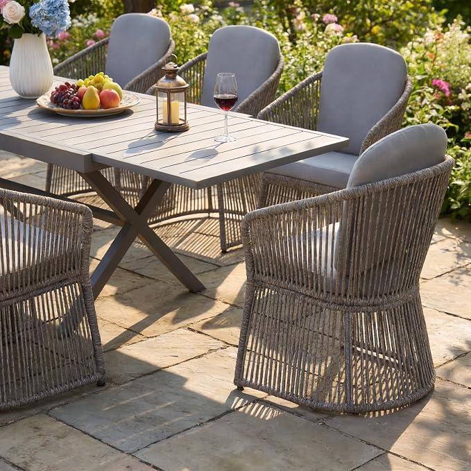 SUNSITT 7 Piece Outdoor Patio Dining Set, 65" - 107" Metal Expandable Outdoor Dining Table with X-Shape Legs, 6 Woven Wicker Outdoor Patio Chairs w/Curved Armrest for Garden, Dark Grey