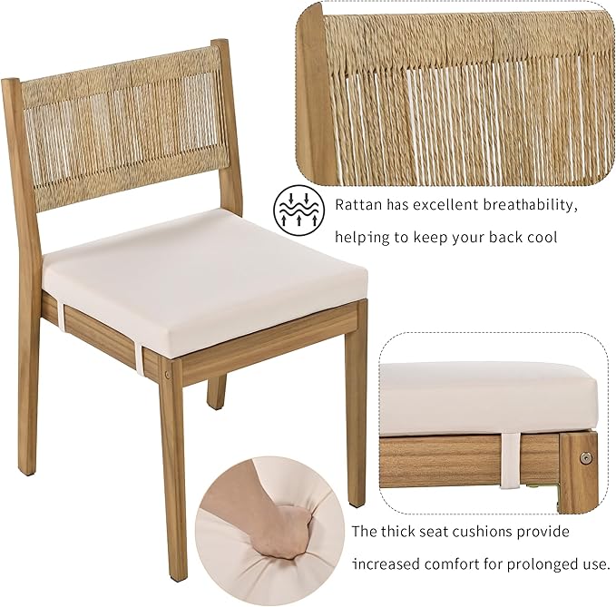 Harper & Bright Designs Multi-Person Outdoor Acacia Wood Dining Table and Chair Set, Thick Cushions, Suitable for Balcony, Vourtyard, and Garden.