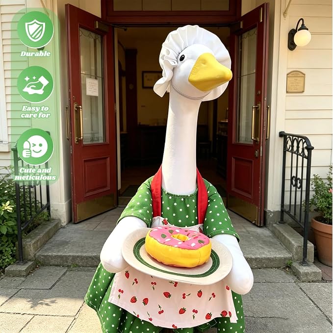 Chef Goose Outfit Green Polka Dot with Detachable Donut – Gift for Grandma, Mother – Spring Summer Garden Decoration for Cement Yard Goose