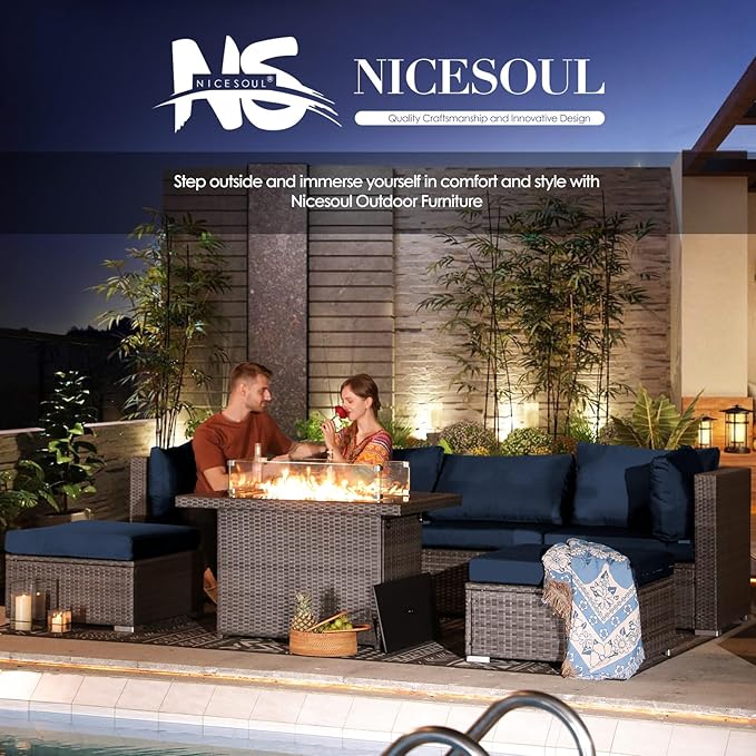 NICESOUL 11 Piece Outdoor Furniture Set with Firepit Table, Luxury 10-Person Patio Sectional Sets, 29.3'' High-Back Backyard Seating Area, All-Weather Rattan Couch Set for Outside, Deck, Grey&Blue