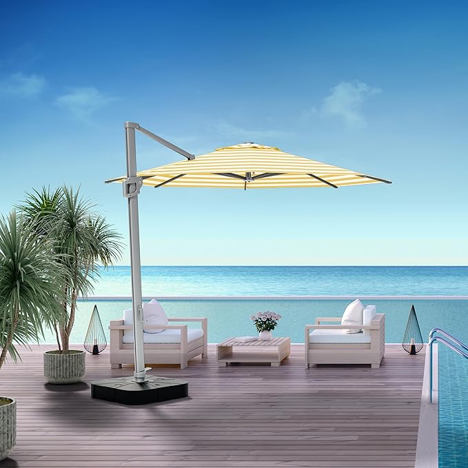 Midtown Umbrellas10 Ft Outdoor Cantilever Patio Umbrella w/Terylast Sunny Stripes Fabric - Rotate 360° Offset Patio Umbrella, Deck Patio Umbrella, Backyard Umbrella & Garden Umbrella - Silver Frame