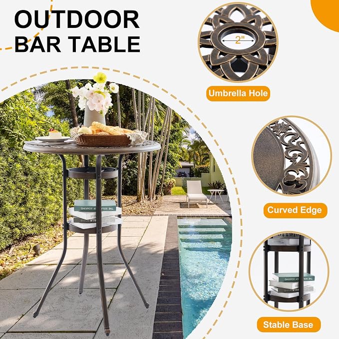 Bar Height Outdoor Table and Chairs, 3 PCS Cast Aluminum Patio Swivel Bar Set Include 31.5" Outdoor High Top Table and Barstool Set of 2 with Cushions